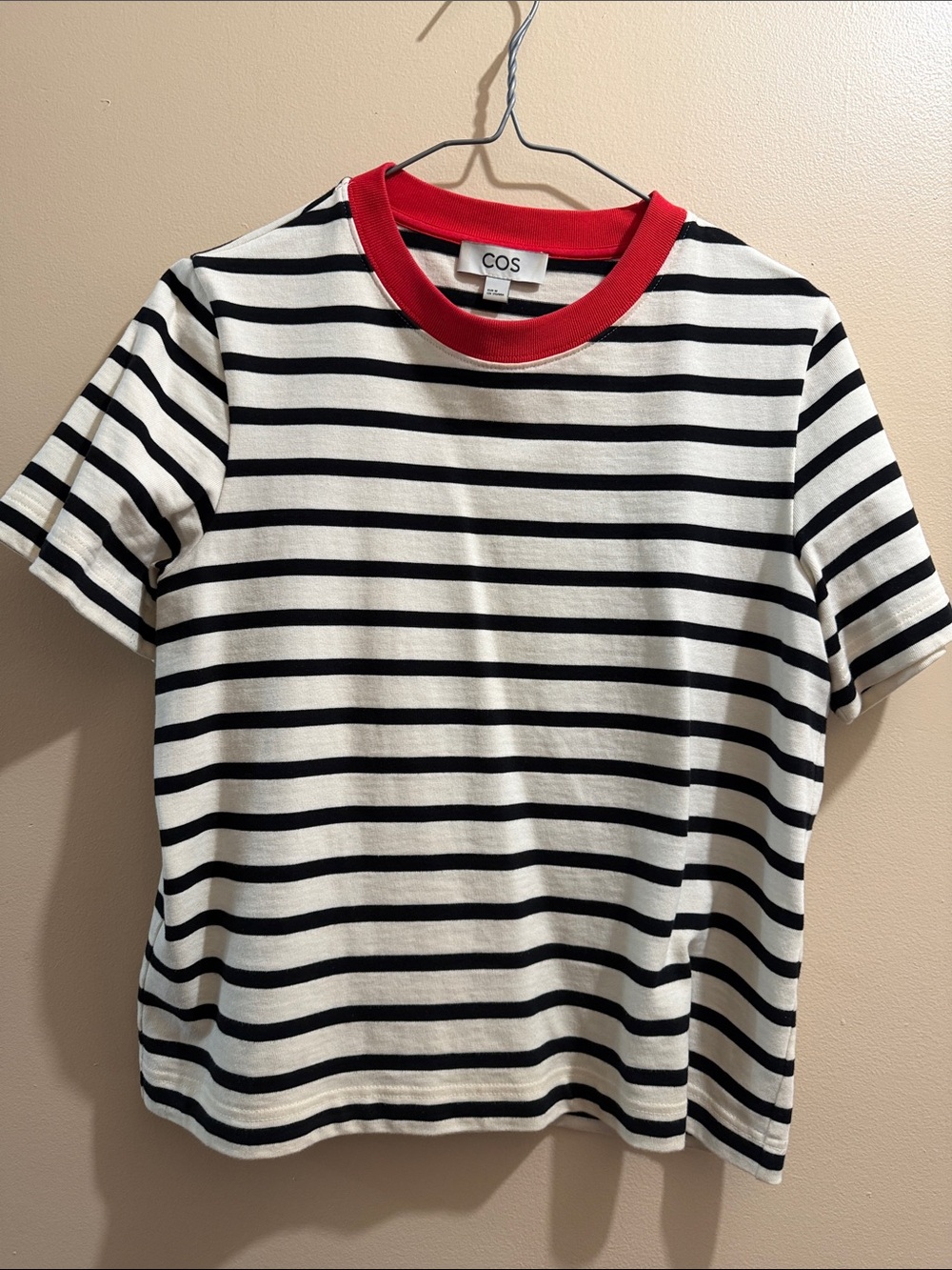 COS Black & White Stripe Tee with Red Rib Collar